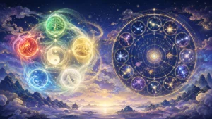 陰陽五行の元素と黄金のホロスコープが、雲海と寺院が広がる幻想的な星空で神秘的に輝いている。