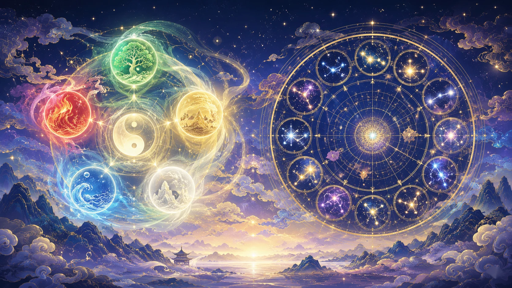 陰陽五行の元素と黄金のホロスコープが、雲海と寺院が広がる幻想的な星空で神秘的に輝いている。