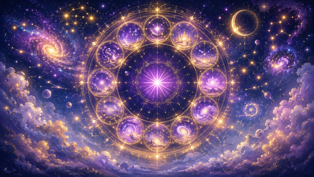 幻想的な紫の銀河を背景に黄金に輝く十二星座のホロスコープが星々や星雲に囲まれ宇宙に浮かんでいる
