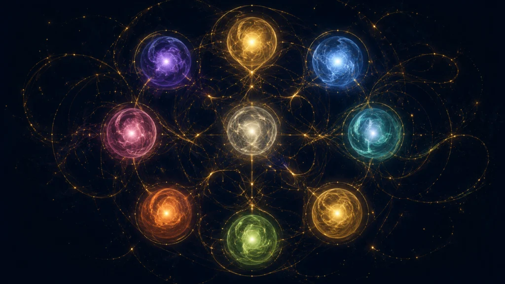 漆黒の背景に虹色に輝く9つのエネルギー核が、黄金の細い光の線で結ばれ幾何学的な網目を描いている。