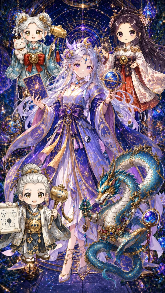 幻想的な星空の下、紫の和装を着た女性と三人の童子、青龍が天体儀やカードを手に微笑んでいます。