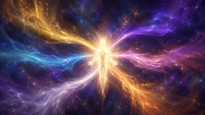漆黒の宇宙で黄金に輝く人影が、背中から紫や青の多彩なエネルギーを放射状に広げて眩い光を放っている。