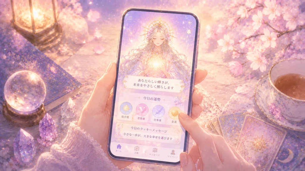 水晶と桜が輝く幻想的なデスクで、スマホの占いアプリを操作し金運ボタンを指先でタップする手元。