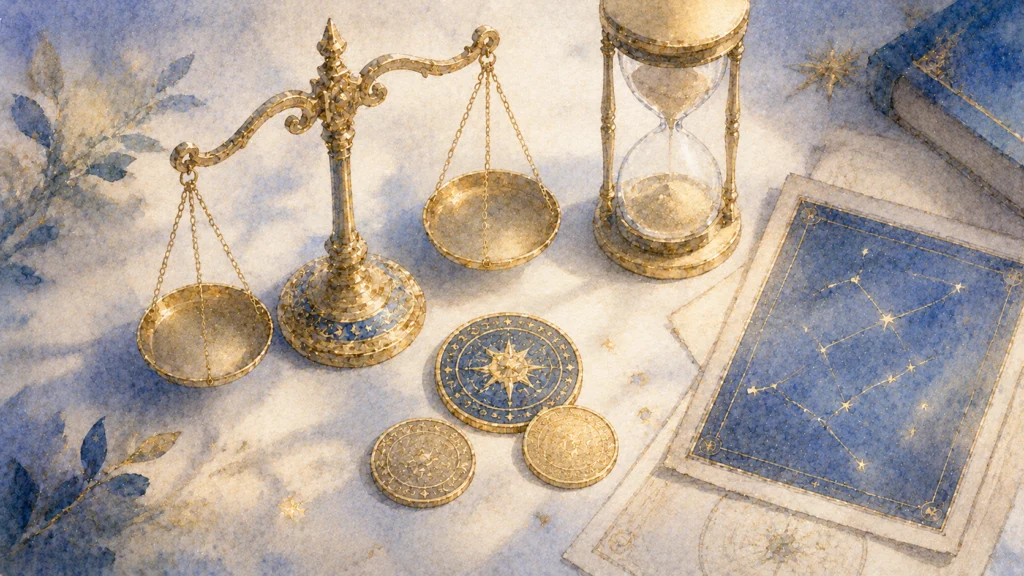 柔らかな光が差し込む白い卓上に、黄金の天秤と砂時計、星を描いた金貨や星座図が美しく並んでいる。