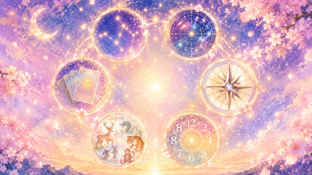 桜が舞う幻想的な夜空に、黄金の輪に囲まれたタロットや星座、干支が円を描くように浮かぶ神秘的な情景。