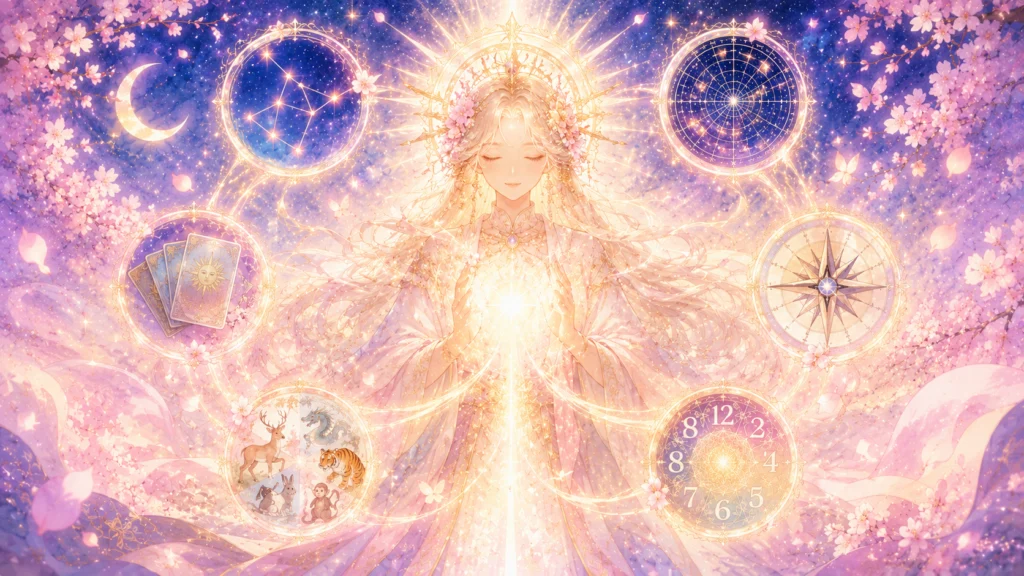 満開の桜と星空の下、黄金の光を放つ女神が占星術やタロットの魔法陣に囲まれて静かに祈りを捧げている。