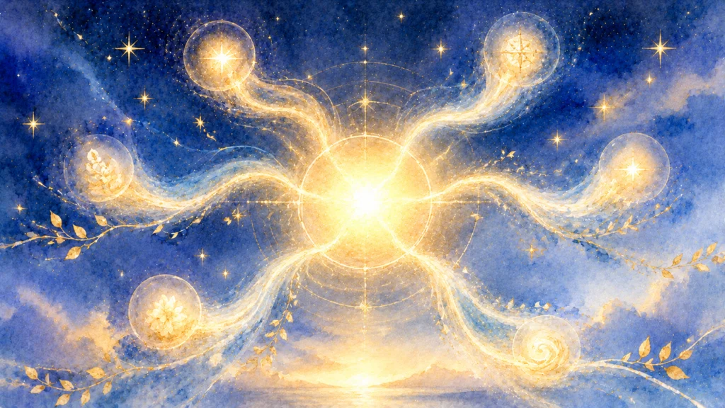 紺碧の星空で輝く太陽から、花や幾何学模様を宿した６つの光球が金色の光跡を伴い放射状に広がる。