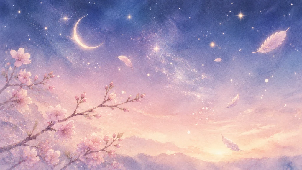 満開の桜が咲き誇る幻想的な夜空に三日月と天の川が輝き白い羽根が静かに舞い落ちる山あいの情景