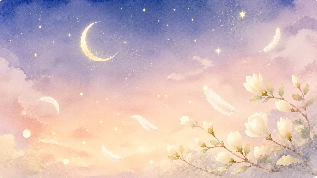 水彩画風の淡い夜空に三日月と星が浮かび、舞い散る白い羽と咲き誇る木蓮のような白い花が彩る。