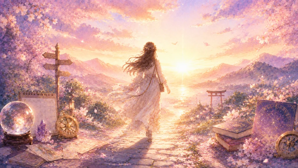 満開の桜と神秘的な道具が並ぶ石畳を、白いドレスの女性が輝く朝日に向かって静かに歩んでいる。