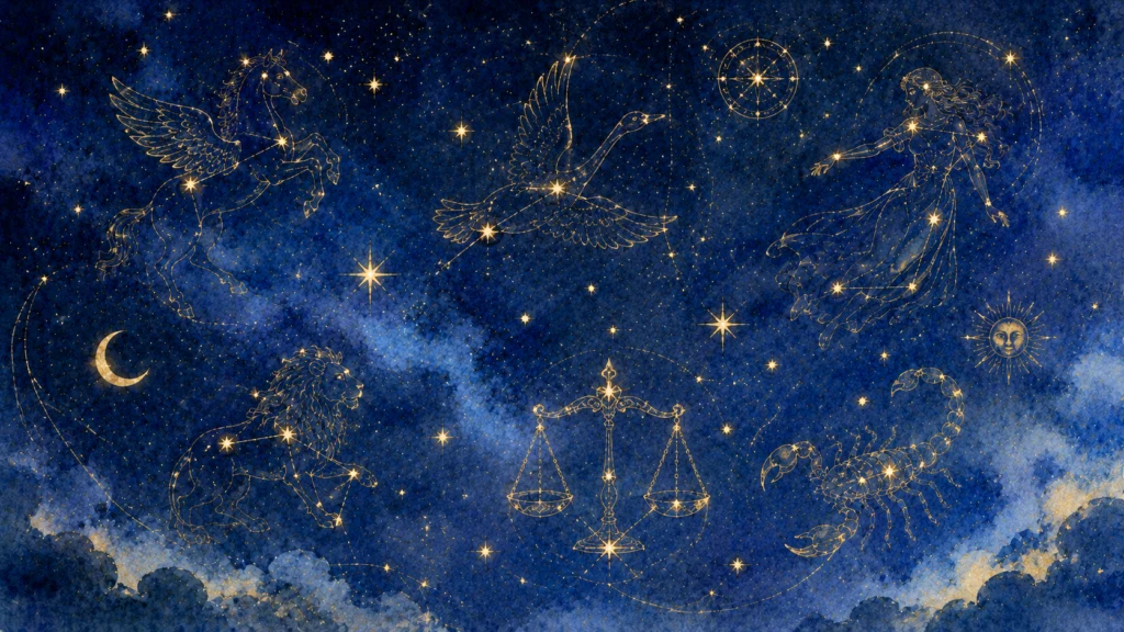 輝く星々が散りばめられた濃紺の夜空に、ペガサスや乙女座などの星座が繊細な金色の線画で描かれています。