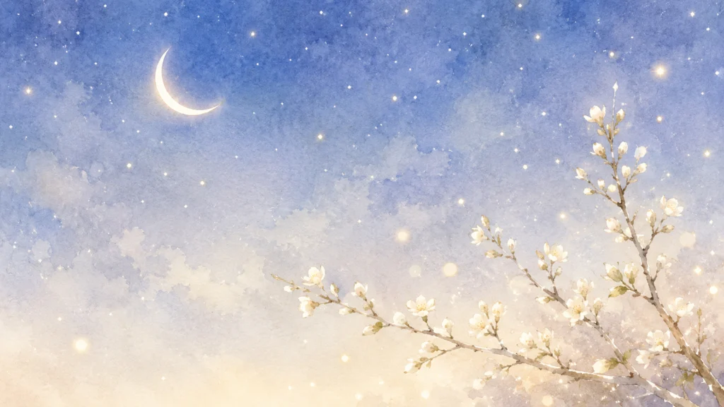 三日月と星が輝く淡いブルーの夜空の下、白い小花を咲かせた枝が右下から優雅に伸びている。