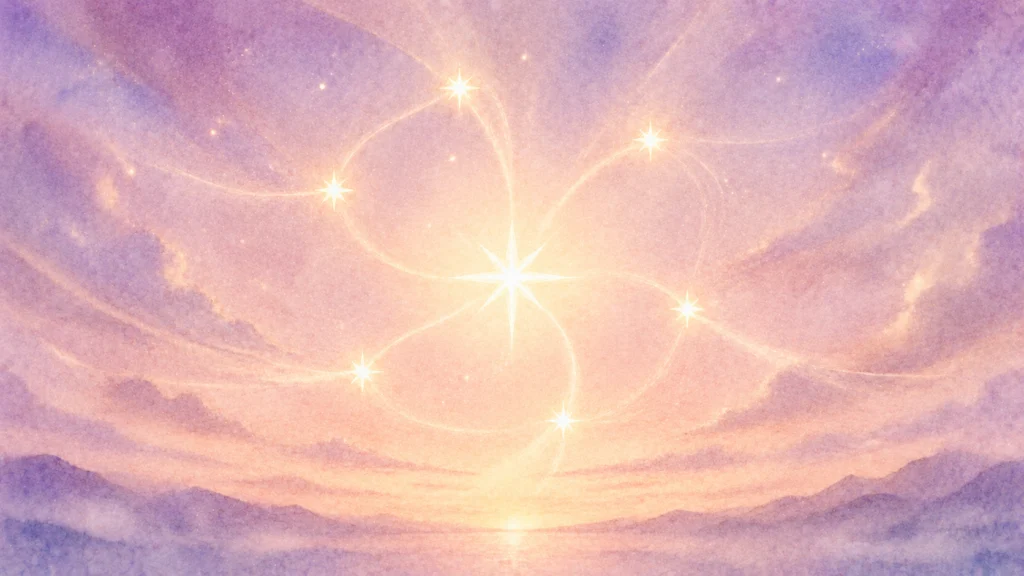淡い紫とピンクが混ざり合う幻想的な空で、光の曲線に結ばれた星々が中央の大きな星を囲んで輝いている。