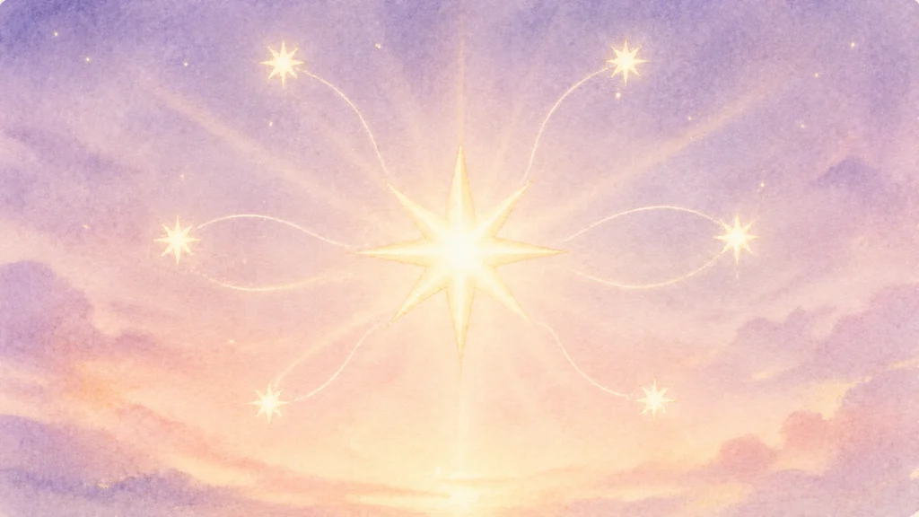 幻想的な紫色の夕焼け空に浮かぶ大きな一番星が、六つの小さな星と光の曲線で結ばれ輝いている。