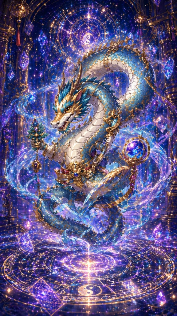 星々が輝く神殿で、金の装飾を纏った青い龍が魔法陣の上で宝珠を掲げ、神秘的な魔力を放っている。