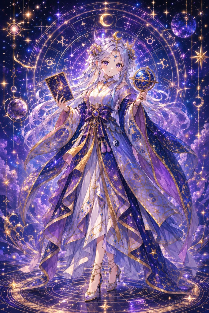 輝く星空と魔法陣の中、魔導書と天球儀を携えた紫のドレス姿の銀髪少女が優雅に佇んでいる。