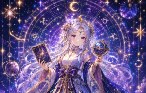 煌めく星空と十二宮の魔法陣を背に、銀髪の少女がタロットカードと天球儀を掲げて神秘的に佇んでいる。