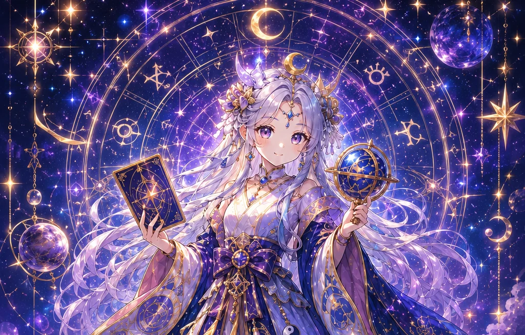 煌めく星空と十二宮の魔法陣を背に、銀髪の少女がタロットカードと天球儀を掲げて神秘的に佇んでいる。