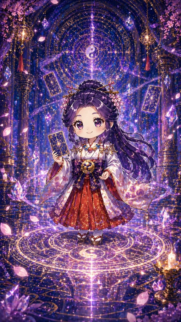 幻想的な紫の空間で、和装の少女がタロットカードを手に取り、輝く陰陽の魔法陣の上に立っている。