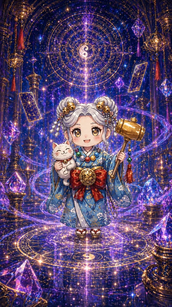 煌めく宇宙の魔法陣の上で、青い着物姿の少女が白猫を抱き、黄金の小槌を手に持って微笑んでいる。