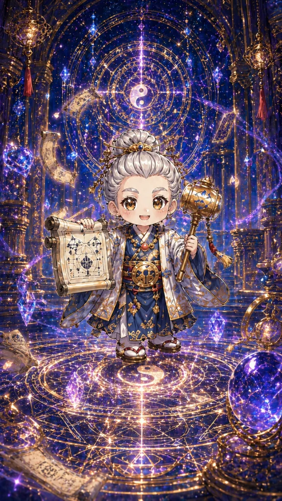 陰陽の紋章が輝く幻想的な神殿で、魔法の巻物と黄金の槌を手にした白髪の賢者が魔法陣の中心に立つ。