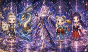 天球儀を持つ女神が龍や三人の神々と共に、黄金の魔法陣が輝く紫の星空の下で豪華な衣装を纏い佇む。