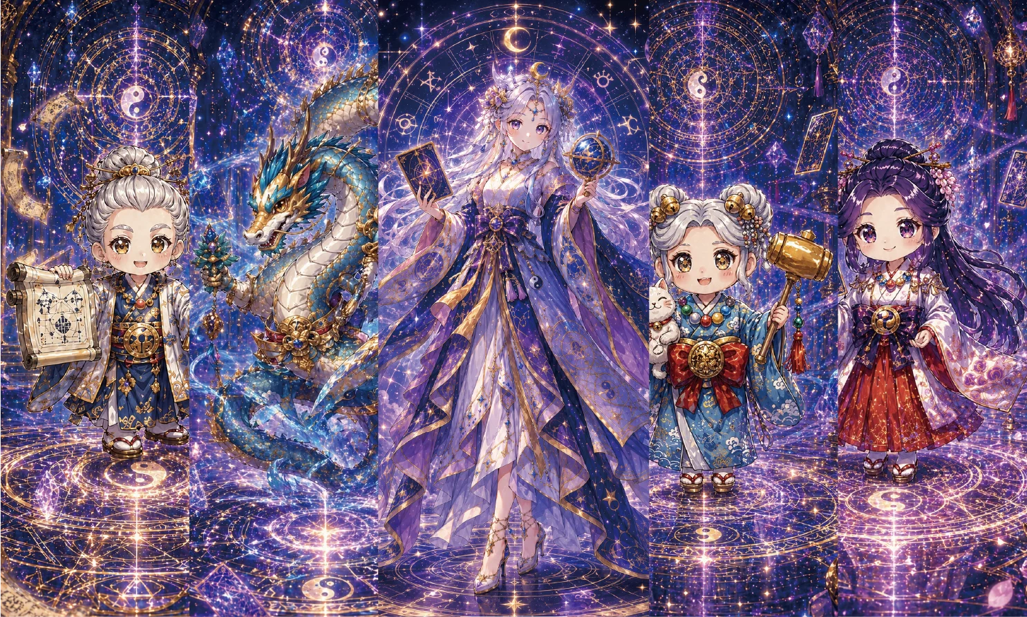 天球儀を持つ女神が龍や三人の神々と共に、黄金の魔法陣が輝く紫の星空の下で豪華な衣装を纏い佇む。