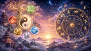 幻想的な夕暮れの山並みと宇宙を背景に、陰陽五行のシンボルと巨大な黄金の西洋占星術盤が宙に浮き輝く。