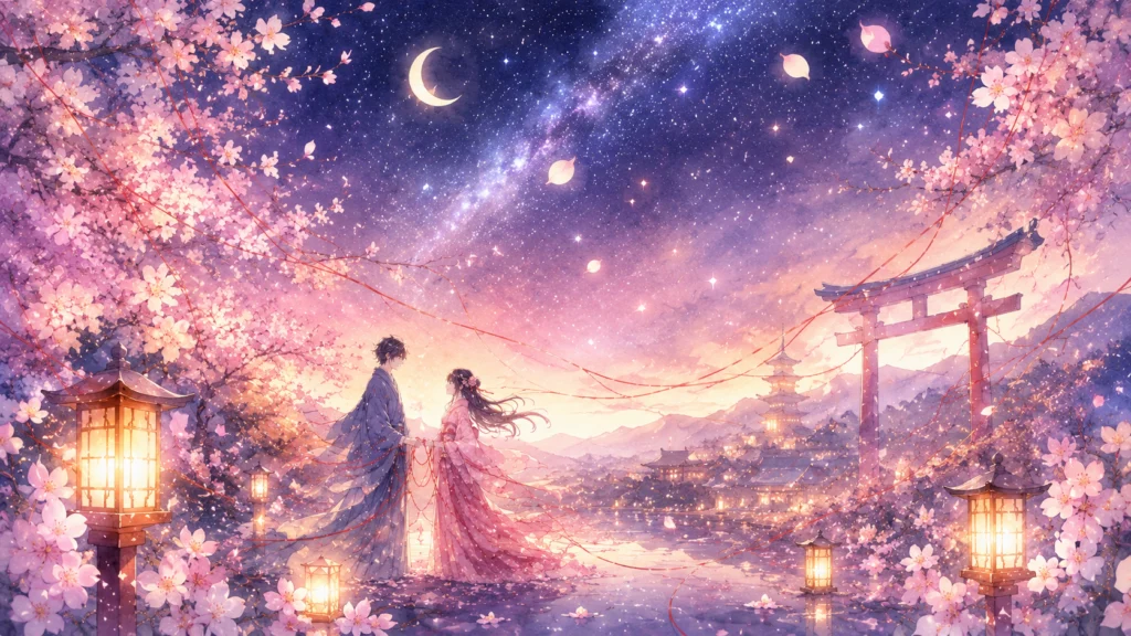三日月と天の川が輝く夜、満開の桜に囲まれた幻想的な神社で、赤い糸で結ばれた着物姿の男女が見つめ合う。