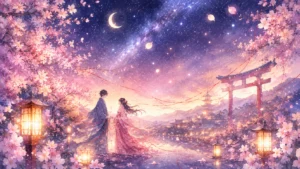 三日月と天の川が輝く夜、満開の桜に囲まれた幻想的な神社で、赤い糸で結ばれた着物姿の男女が見つめ合う。