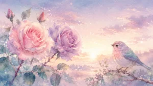 パステルカラーの夕焼け空の下で大輪のピンクと紫のバラの隣に止まる小鳥が静かに花を見つめています