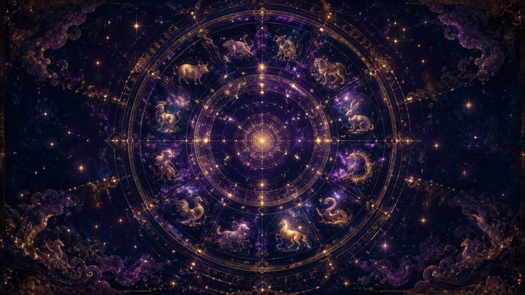 黄金に輝く十二支の動物が描かれた円盤が、無数の星が瞬く幻想的な紫色の銀河の中央に鎮座しています。
