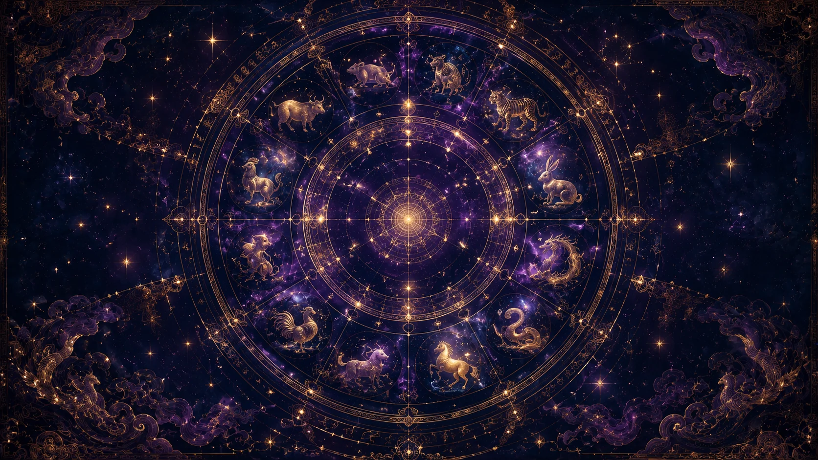 黄金に輝く十二支の動物が描かれた円盤が、無数の星が瞬く幻想的な紫色の銀河の中央に鎮座しています。