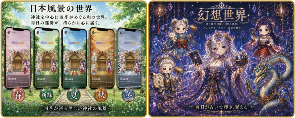 四季折々の神社が映る5台のスマホと、星が輝く幻想世界でタロットや天球儀を持つ豪華な衣装のキャラクター。