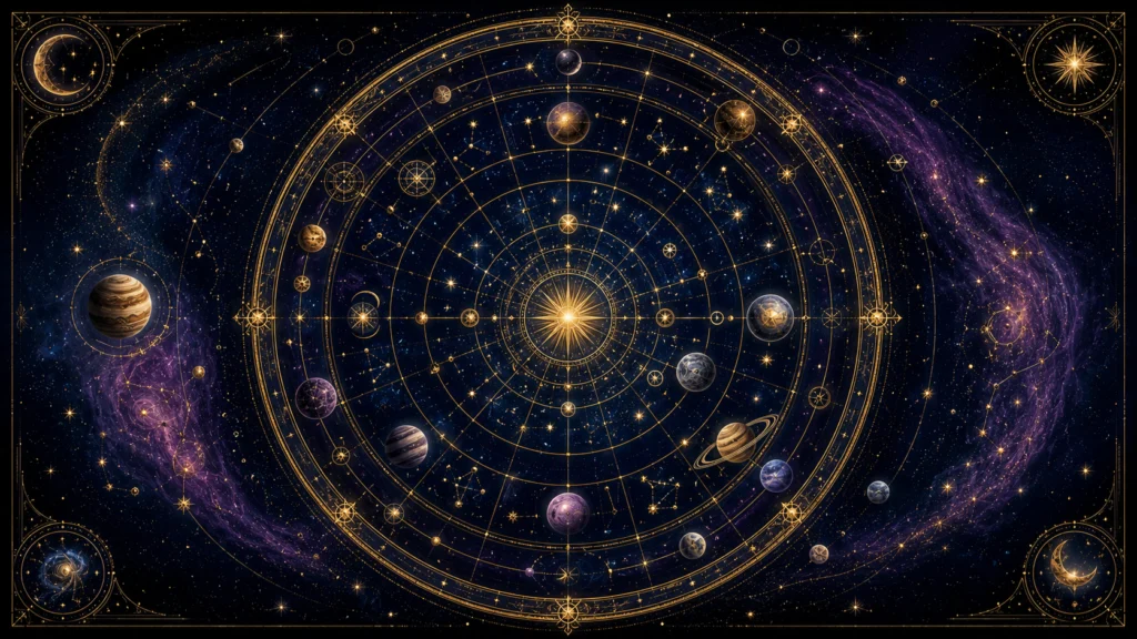 紫の星雲が渦巻く宇宙に黄金の同心円で描かれた天体図と様々な惑星が神秘的な幾何学模様を描いています。