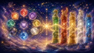 幻想的な星空の下、五神獣を載せた光る石柱と幾何学的な魔法陣が光の線で結ばれ、神秘的に共鳴している。