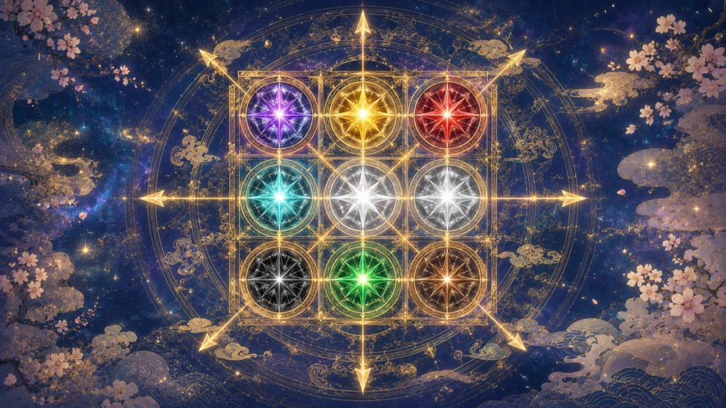 星が輝く宇宙空間で九色の魔法陣が金色の格子状の意匠に並び周囲を夜桜と瑞雲が幻想的に彩る