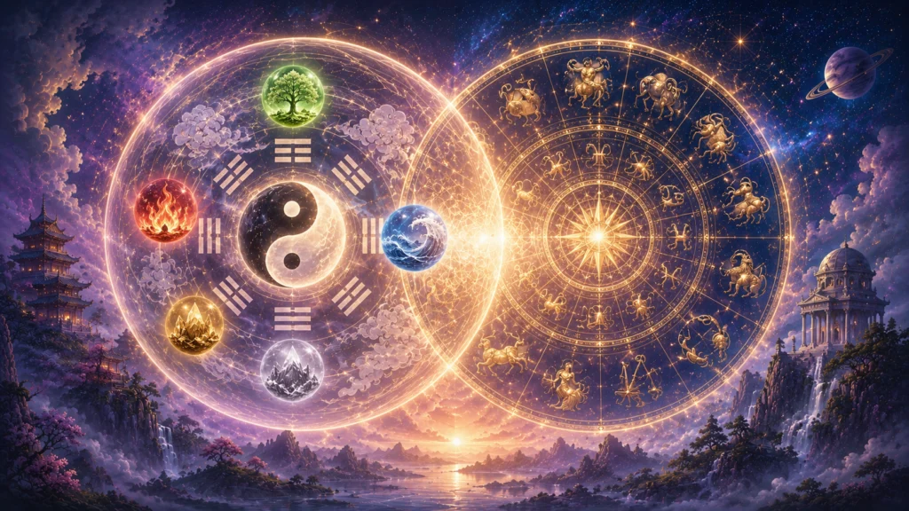 神秘的な宇宙で陰陽五行の図と西洋の12星座が光り輝く巨大な円陣として幻想的に融合している