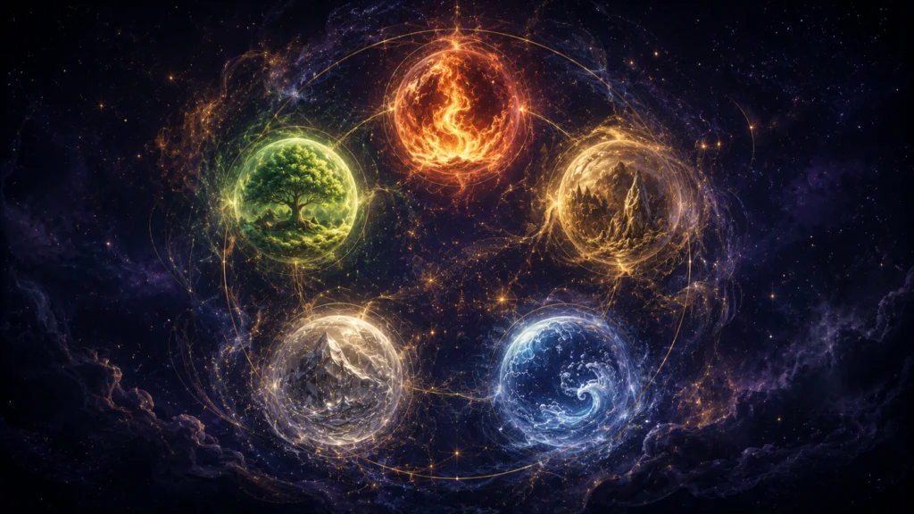 星々が輝く宇宙で、炎や水、大樹などの五元素を宿した光の球体が黄金の線で結ばれ円状に浮かんでいる。