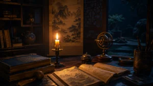 ろうそくが灯る夜の書斎で、開かれた天文学の古文書や天球儀、山水画の掛け軸が机に並んでいる。
