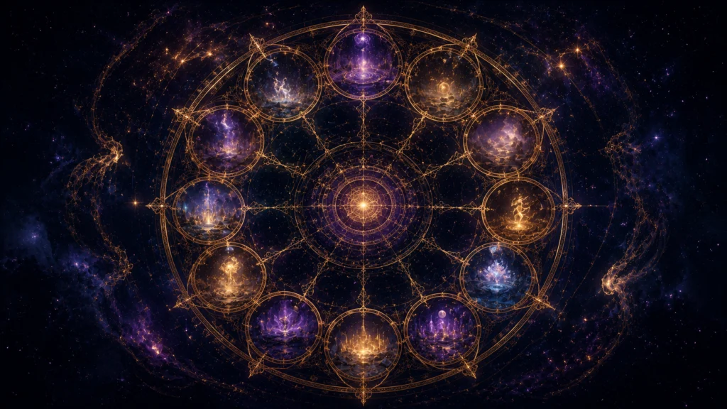 星々が輝く宇宙空間に、12の神秘的な光景を配した緻密な黄金の魔法陣が幻想的な光を放っている。