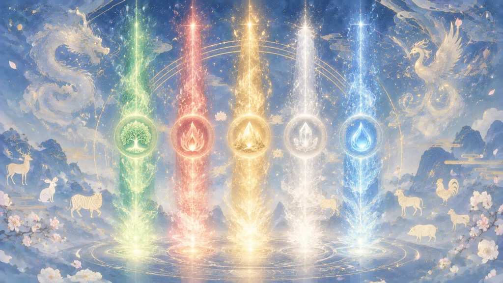 龍と鳳凰が舞う幻想的な空の下、五元素の紋章を宿した五色の光の柱が多様な動物たちに囲まれて輝く。