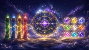 満天の星空の下、魔法陣の上に浮かぶ占星術の円盤と色鮮やかな四本の柱や九つの宝玉が光を放っている。