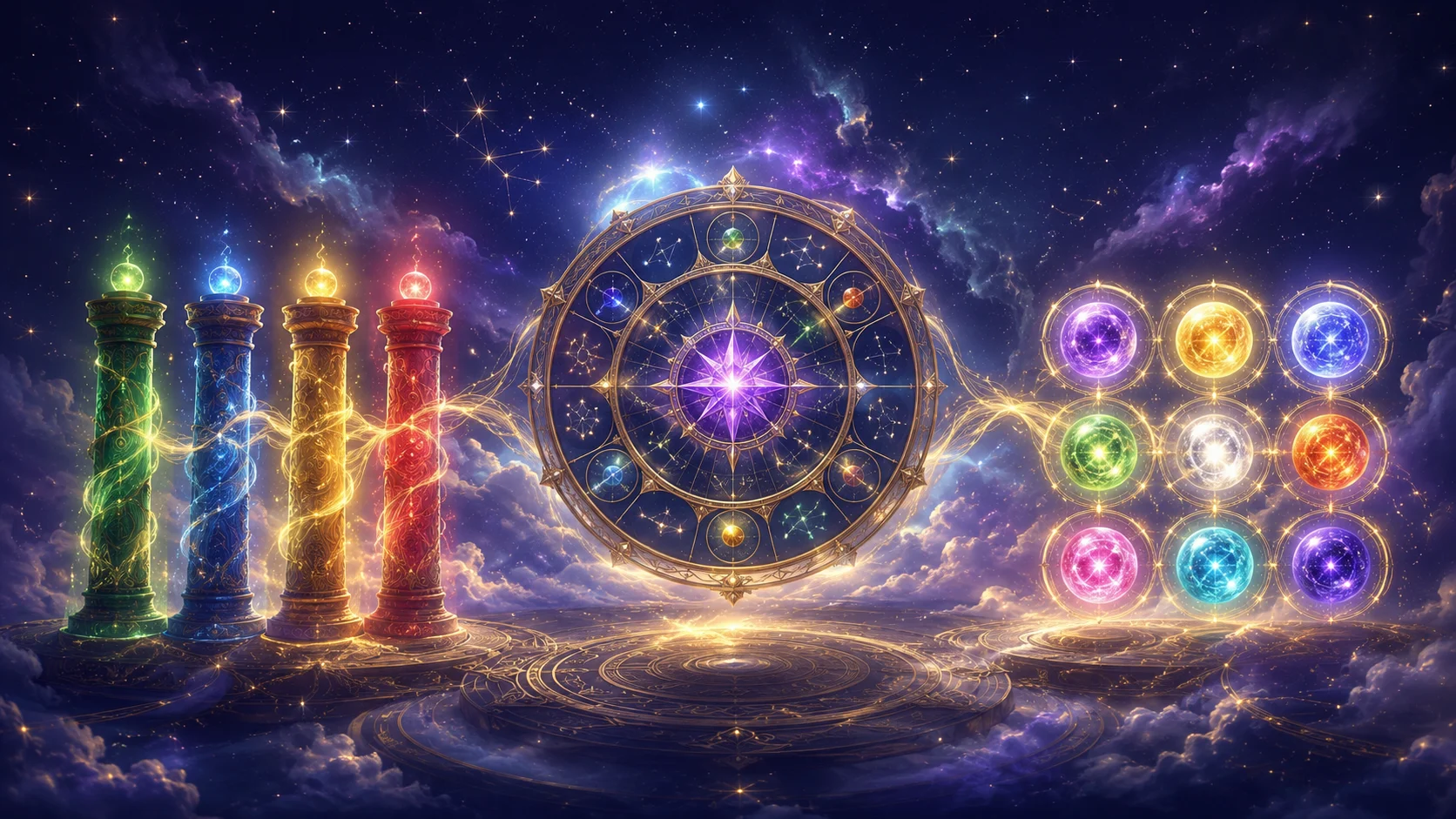 満天の星空の下、魔法陣の上に浮かぶ占星術の円盤と色鮮やかな四本の柱や九つの宝玉が光を放っている。