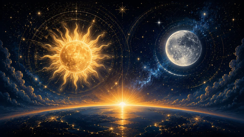 幾何学的な光輪を背負う太陽と月が星空に並び、地平線から昇る朝日が地球を照らし出す神秘的な宇宙。
