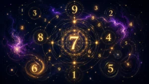 神秘的な紫色の銀河を背景に、黄金の数字と神聖幾何学の模様が中心の7を囲んで光り輝いている。