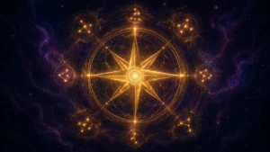 神秘的な紫色の宇宙を背景に黄金の八芒星と周囲を巡る幾何学的な星座の紋章が眩しく光り輝いている。