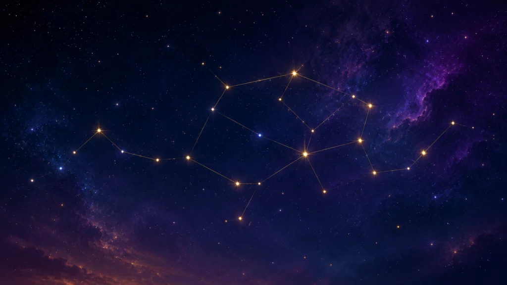 深い紺色と紫色の星雲が広がる宇宙で、黄金の線に結ばれた星々が幻想的な星座を形作っています。