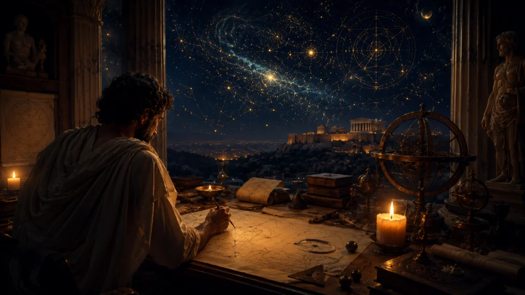 古代ギリシャの学者が星空とパルテノン神殿を背景に、書斎でろうそくを灯し天体図を羊皮紙に描いている。