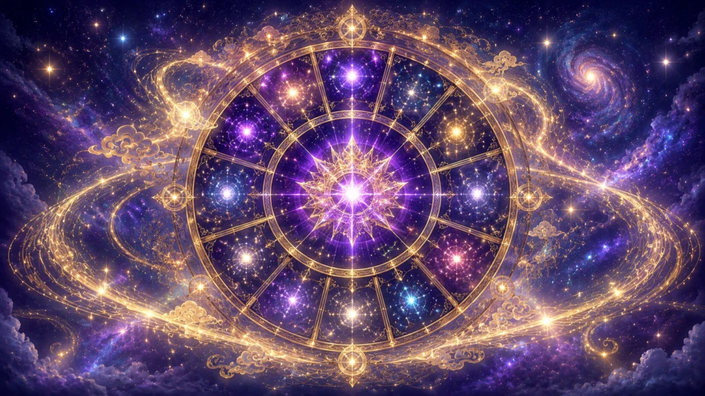 幻想的な紫色の宇宙を背景に、黄金に輝く緻密な装飾の12星座ホロスコープ盤が中心から光を放つ。